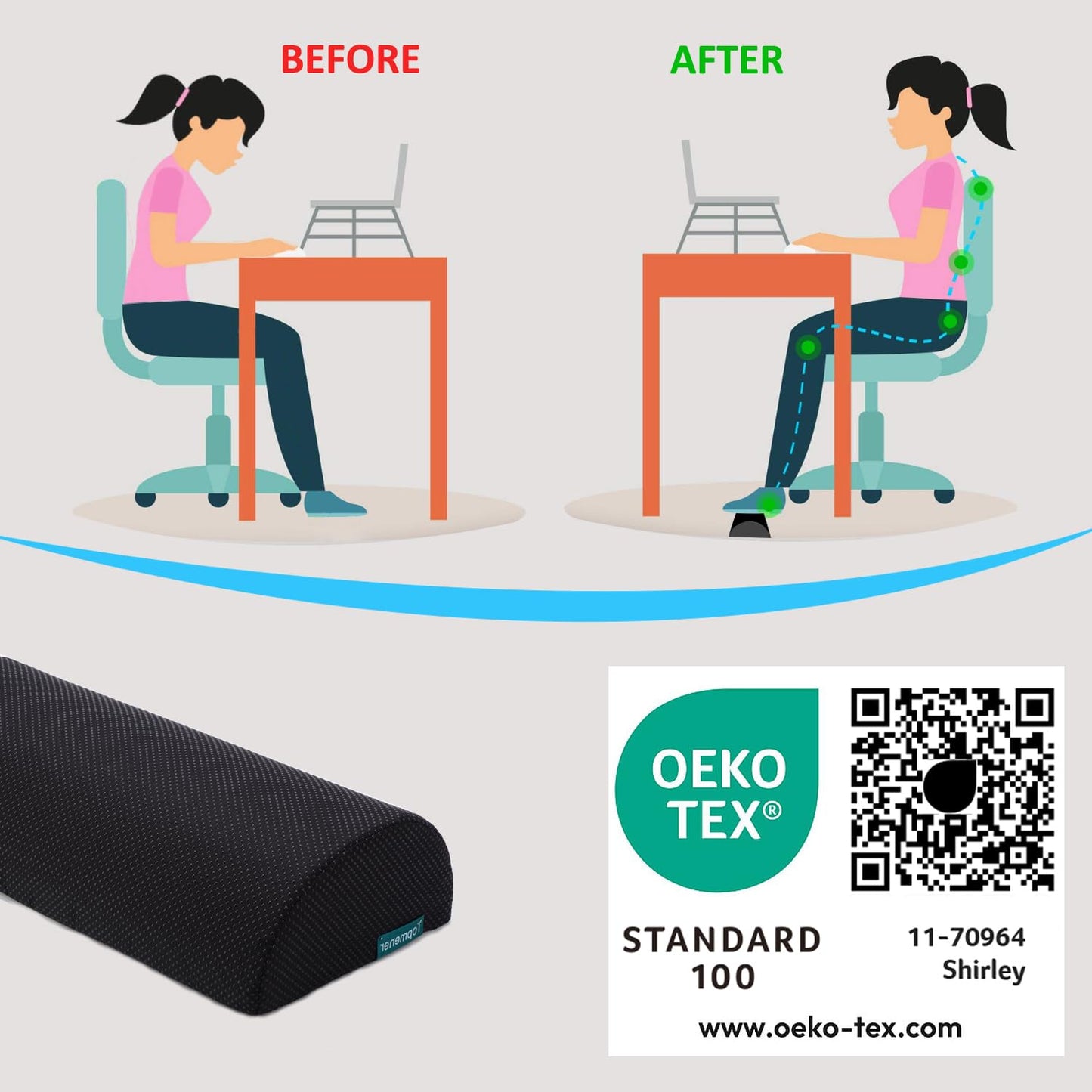 Topmener Ergonomic Foot Rest Cushion Foot Stool Under Desk with Massage Dots, Footrest Office with Washable Cover & Portable Handle