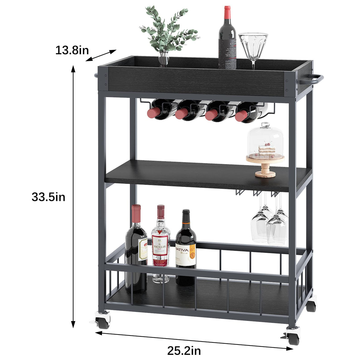 Bar Cart, 3 Tier Serving Trolley, Rolling Wine Trolley, Drinks Trolley