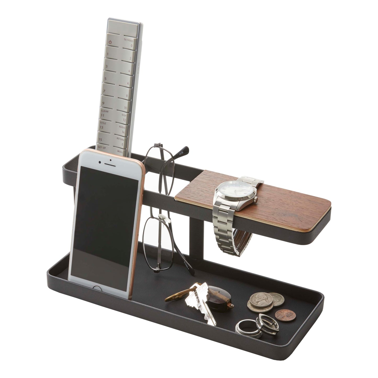 YAMAZAKI 2300 TOWER Desk Organizer, Black, Steel/Wood, Minimalist Design, 24.5 x 9.7 x 11.3 cm (LxWxH)