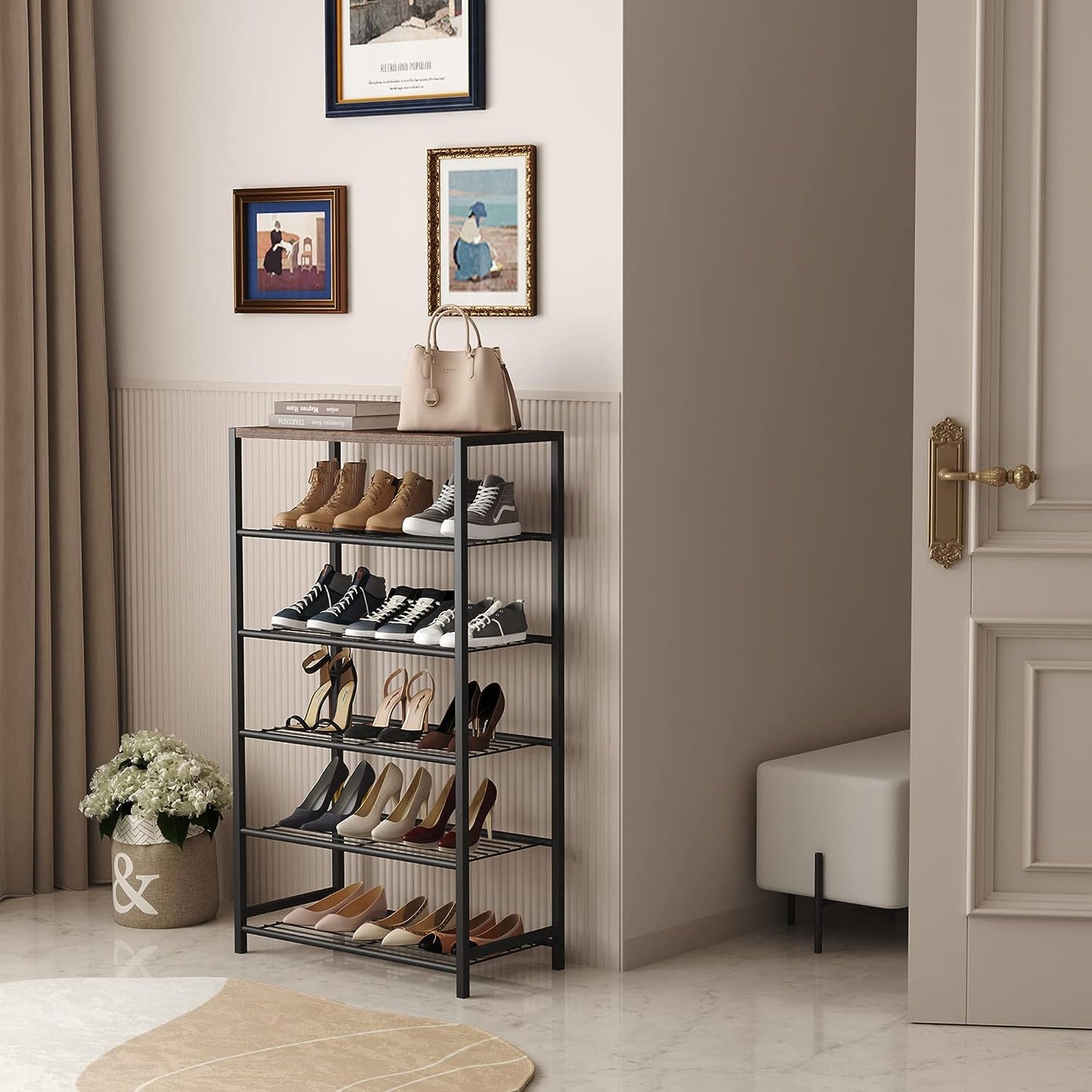HOME BI 6-Tier Industrial Shoe Rack, Metal Shoe Storage Organizer Shelves with Stable Metal Frame, Shoe Organizer for Closet, Hallway, Entryway,