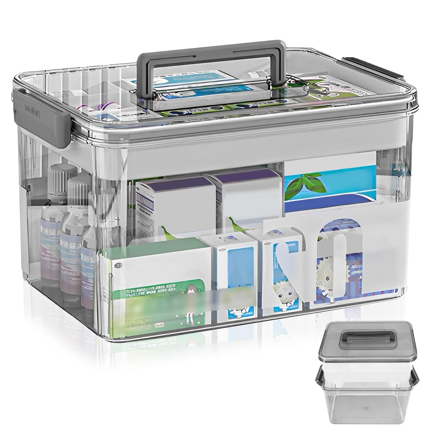 OUZHOU Medicine Storage Box, 2 Layer First Aid Box Case Medicine Container, Large Capacity Medical with 7 Compartments and Lid Handle, Medication