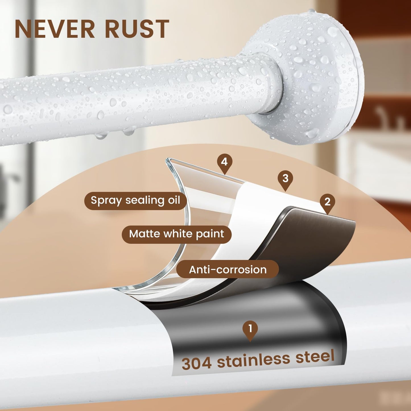 Shower Curtain Pole 147-285cm Stainless Steel Shower Curtain Rod Tension Rod for Curtains No Drill Extendable Curtain Poles Shower Curtain Rail for
