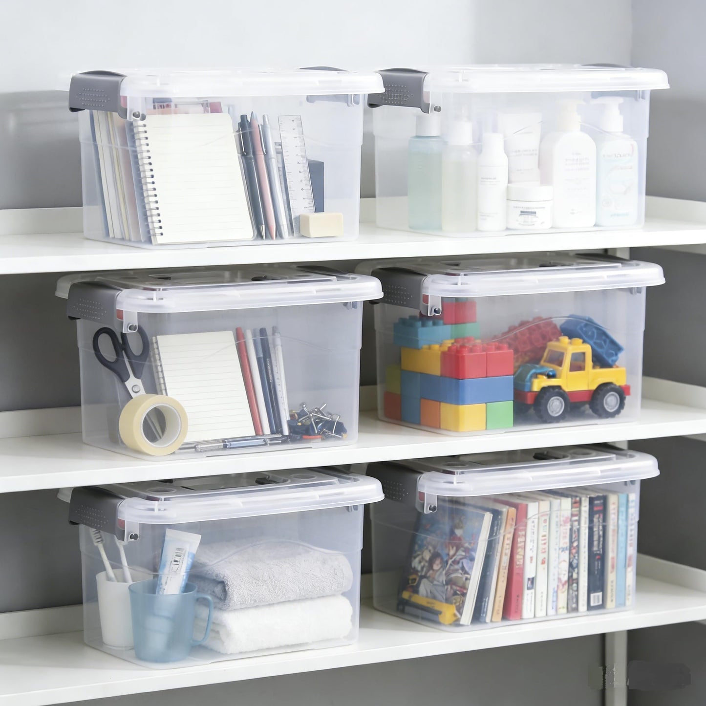 Minekkyes 6-Pack Home Storage Bins, Plastic Container, Latching Box with Handle (Grey Handle)