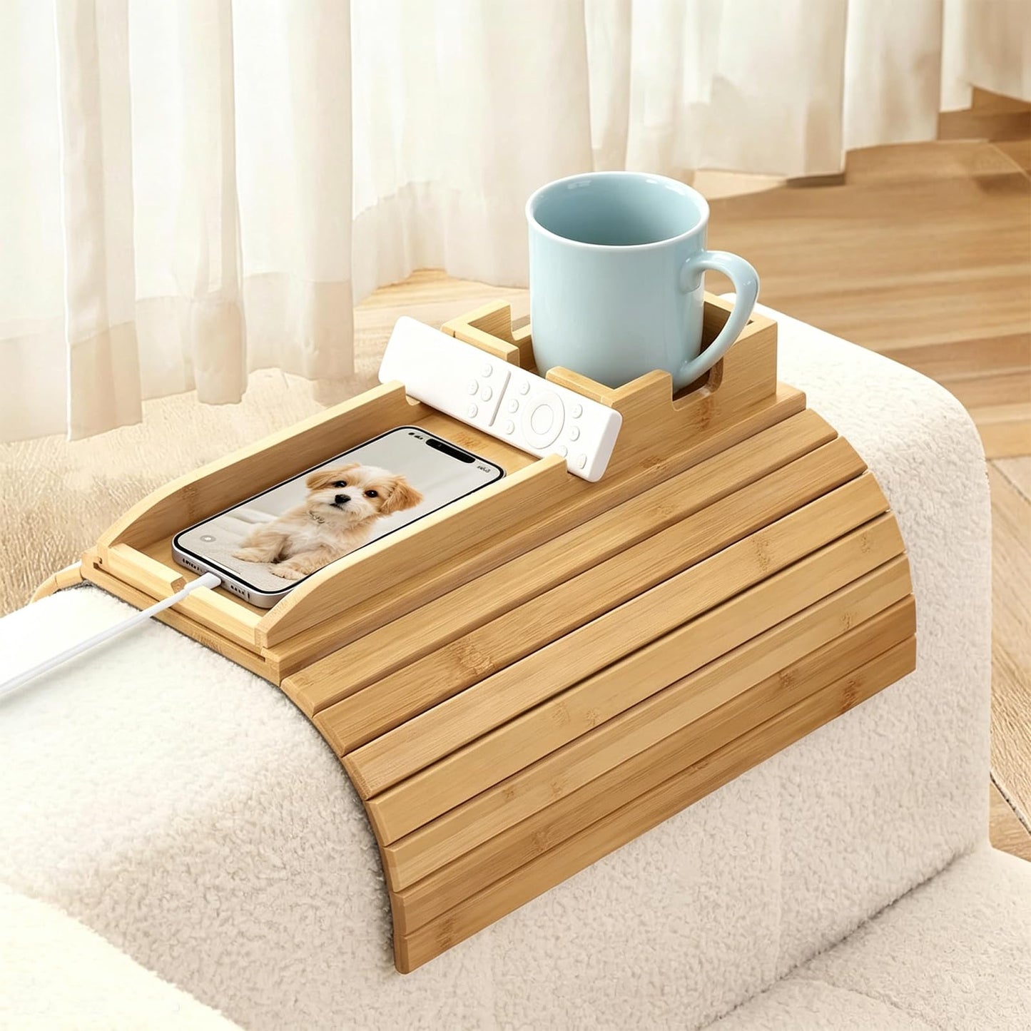 Wooden Armrest Tray with Magnetic Removable Tray, Cup Holder & Phone Slot – Multifunctional Organizer for Sofa, Living Room & Office