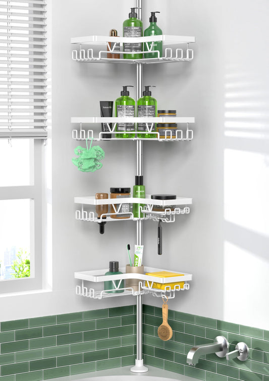 Kegii Telescopic Shower Caddy Corner - Stainless Steel Shower Shelf No Drilling Bathroom Caddy with Soap Holder and Hooks(White), On The Bath or Stand