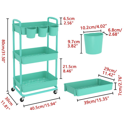 JIUYOTREE 3-Tier Plastic Rolling Storage Cart Utility Cart Green