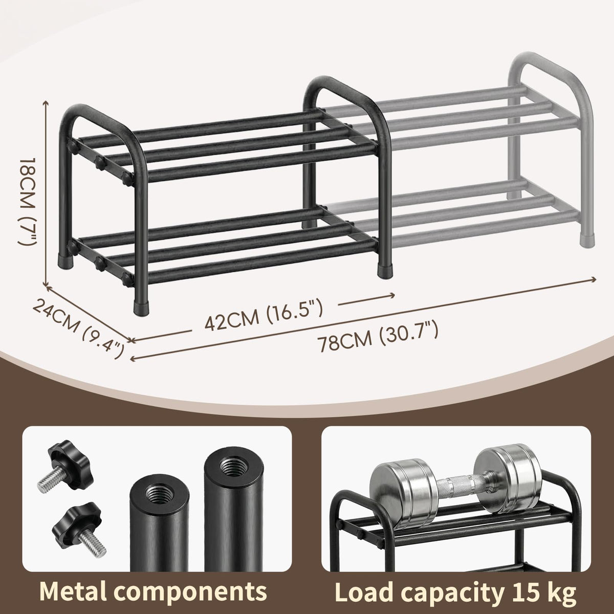MIKVOYO 2 Tier Extendable Small Shoe Rack, Black Metal Adjustable Shoe Storage Racks for Inside Wardrobe Closet, Narrow Spaces, Hallway, Bedroom