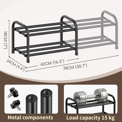 MIKVOYO 2 Tier Extendable Small Shoe Rack, Black Metal Adjustable Shoe Storage Racks for Inside Wardrobe Closet, Narrow Spaces, Hallway, Bedroom