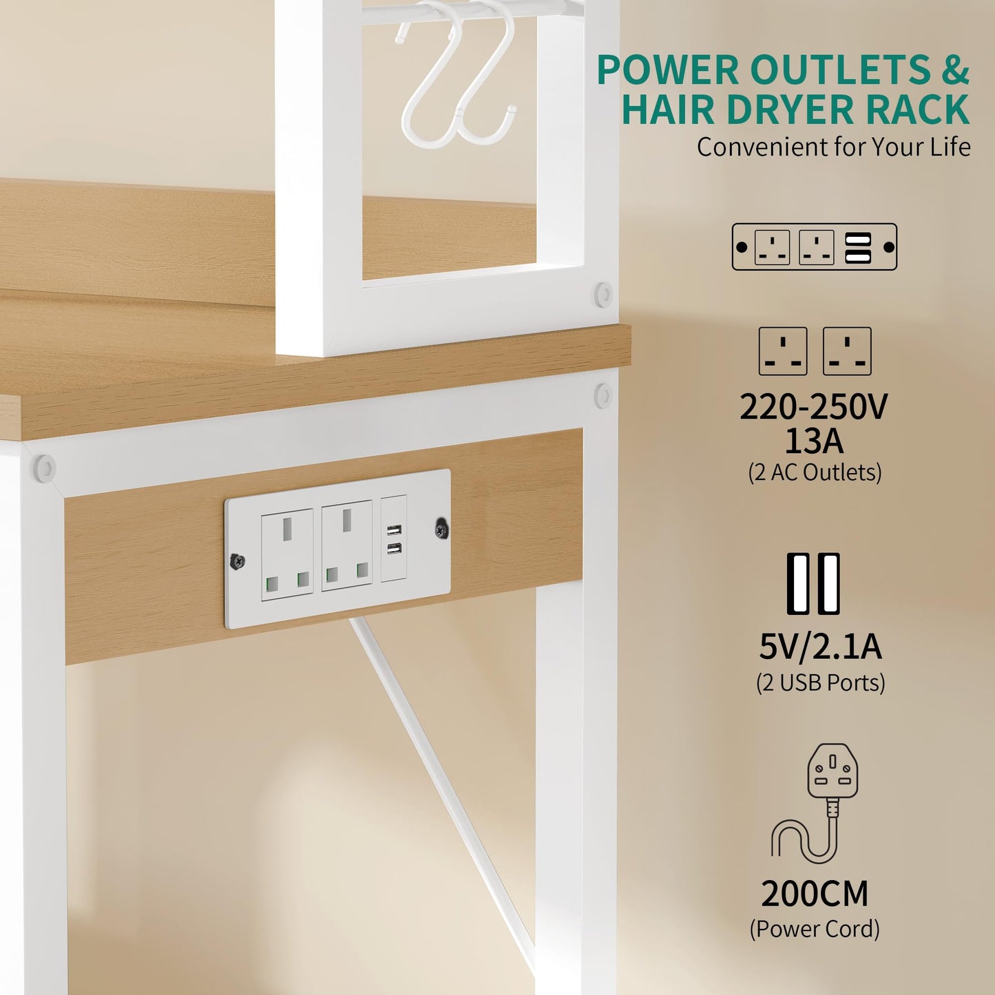 YITAHOME Kitchen Storage Rack with Power Outlet, 2 AC outlets 2 USB ports, Coffee Bar, Baker's Rack with 2 Drawers and 4 Hooks, microwave shelf