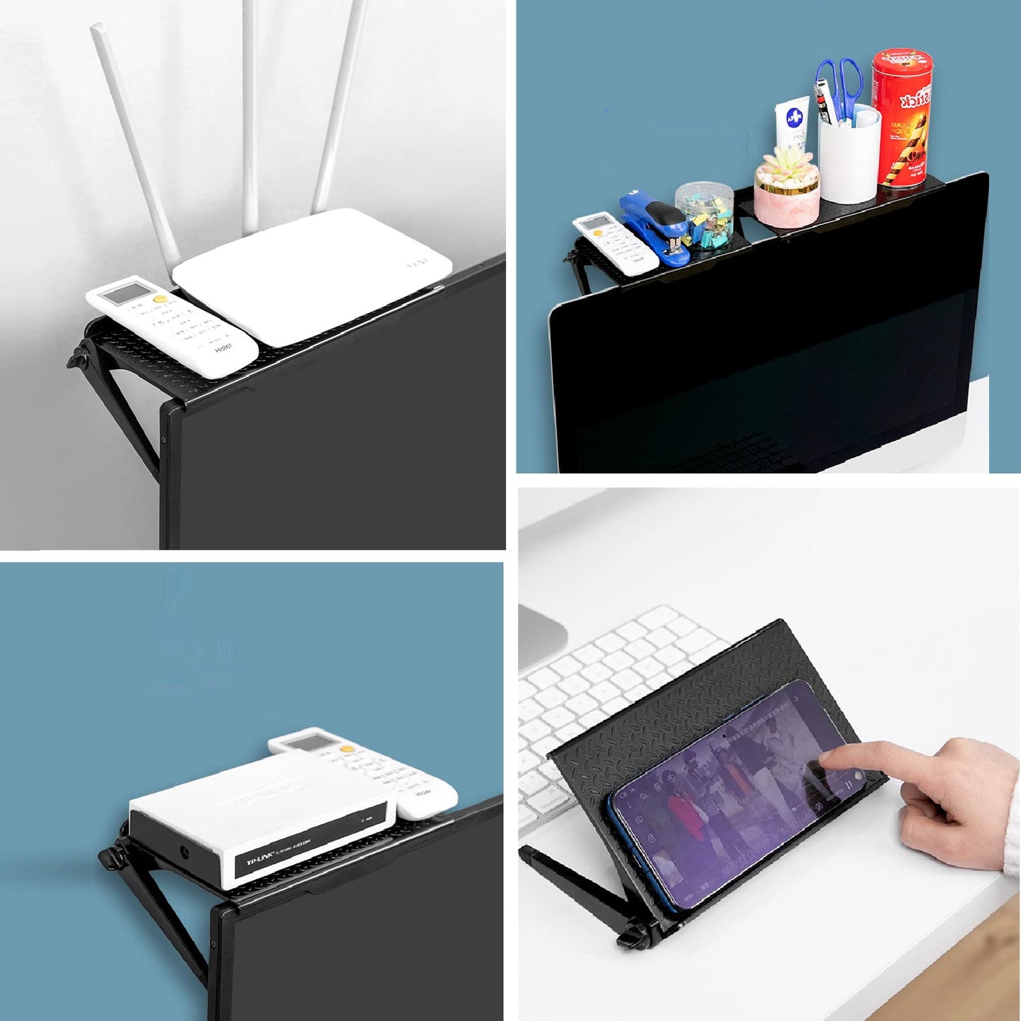 JJQHYC 2 TV Top Shelf Monitor Shelf Screen Top Shelf Adjustable Computer Top Shelf Black Monitore Stand for Streaming Devices, Router, Media Boxes