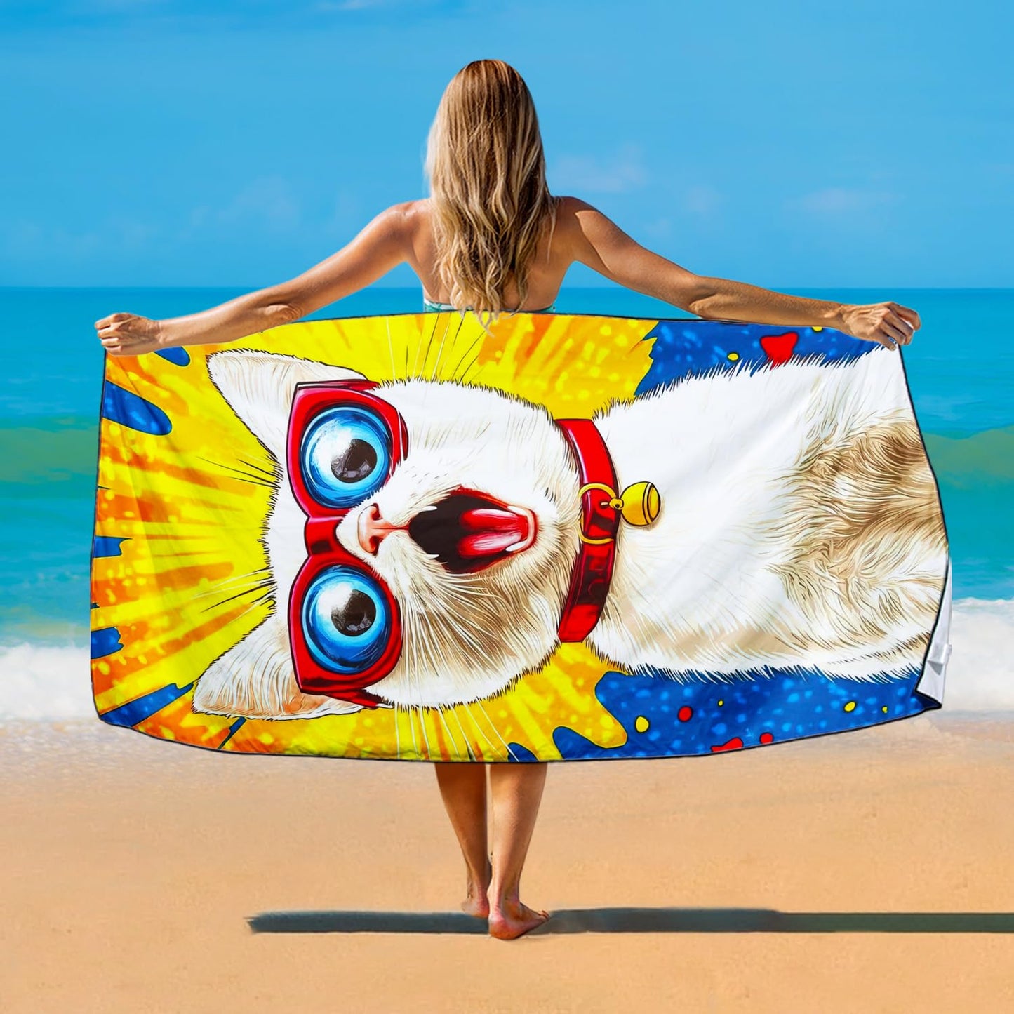Violetpos Comic Style Glasses White Cat Beach Towel for Kitty Lovers, Extra Large 180x90 cm 250GSM Microfibre, Sand Free Quick Dry