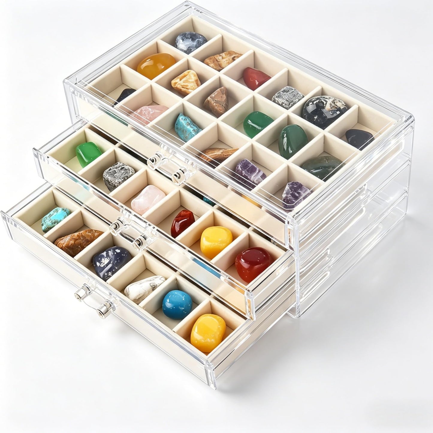 Dmnnlp Rock Display Case, 3 Drawers 54 Grids Rock Collection Box, Storage Cases for Gemstone Fossil Crystal Stone Jewellery (Beige)