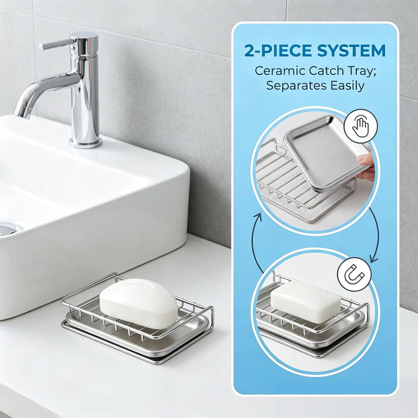 Soap Holder with Drip Tray - Stainless Steel Soap Dish for Shower, Quick Drying Sponge Holder with Drainage for Shower, Kitchen, Sink