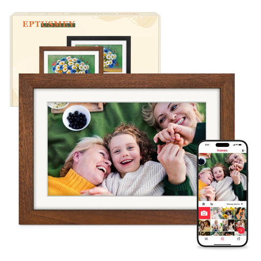 Frameo Digital Photo Frame WiFi Walnut Wood Frame 10.1 Inch Picture Frame with 1280x800 HD IPS Touchscreen, Built-in 32GB, Send Photo Video via Frameo