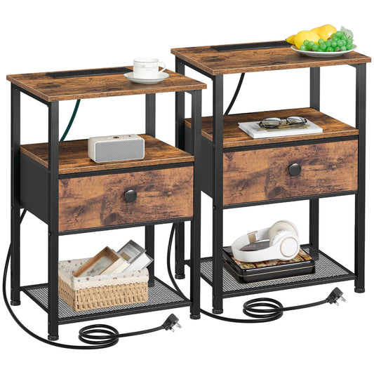 AMHANCIBLE Bedside Table Set of 2 with Charging Station, Nightstand with Fabric Drawer and Open Storage Shelf, Small Side Table, Bedside Cabinets for