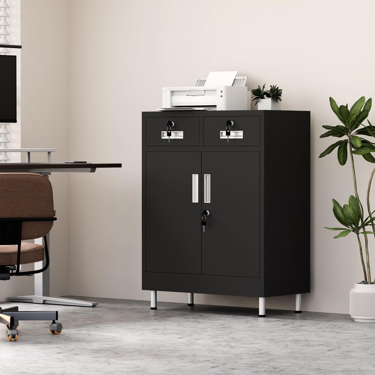 JINGUR Metal Storage Cabinet with Locking Doors and 2 Drawers (Black)
