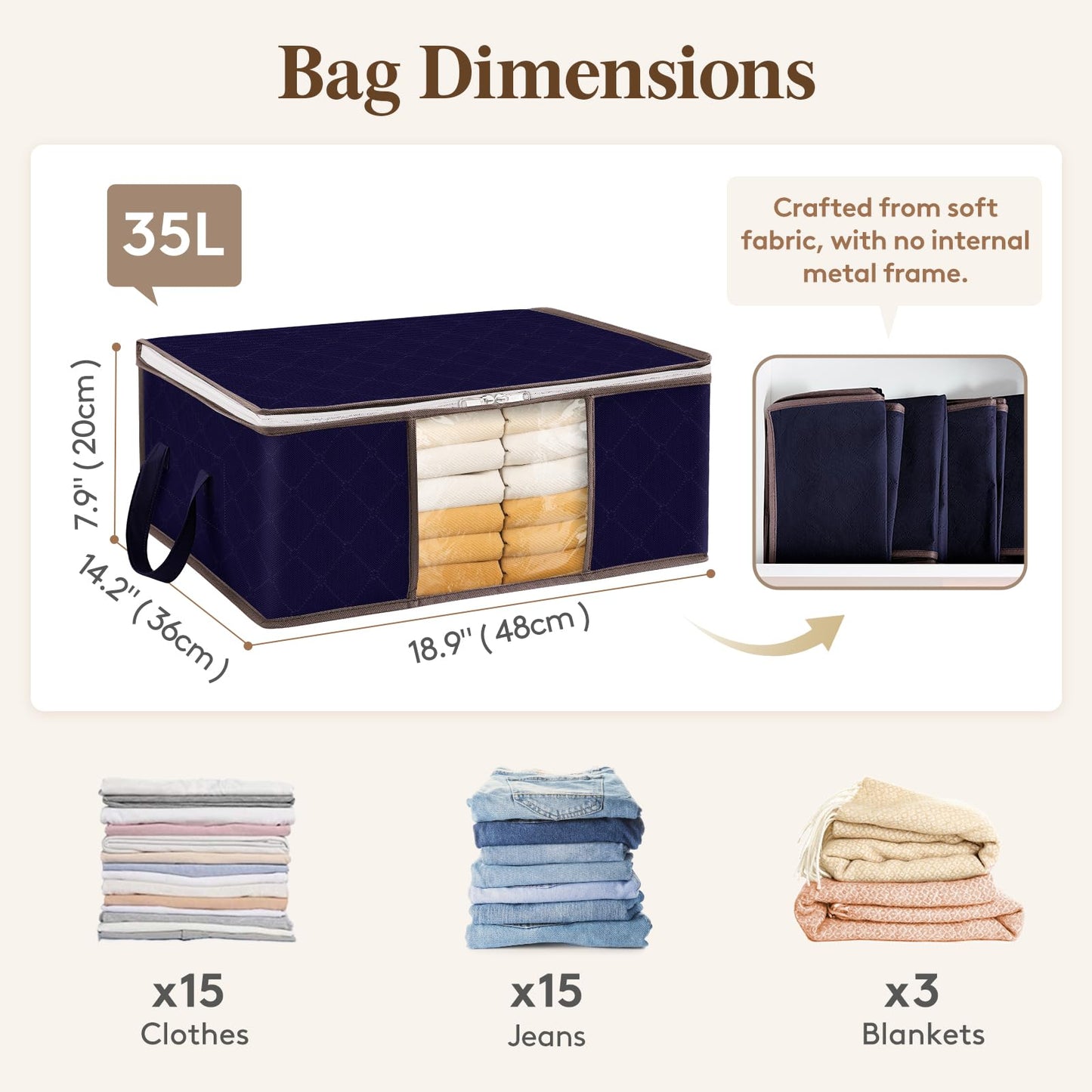 Lifewit 35L Clothes Storage Bag Foldable Storage Boxes with Lids Underbed Wardrobe Storage Organiser with Sturdy Fabric Clear Window for Clothing