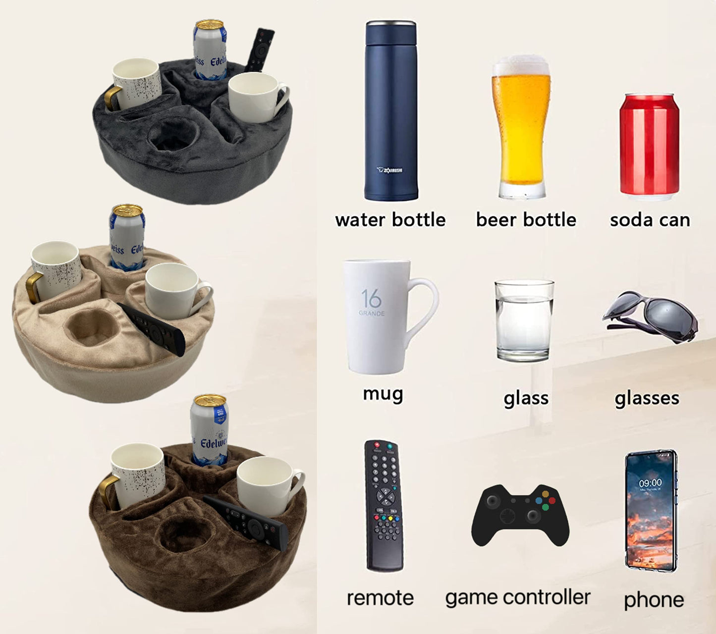 Cup Holder Pillow for Sofa & Bed, Organiser Caddy for Drinks & Remotes