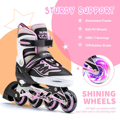 2pm Sports Adjustable Light up Inline Skates, Stylish Design Beginner Roller Skates for Boys and Girls - Pink Medium