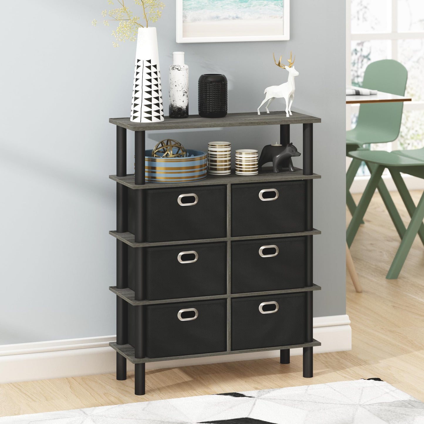 Furinno FRANS Entryway Table, 4-Tier Toolless Assembly Console Table with Drawer Storage Bins, Open Shelf Sofa Table, Side Table, for Living Room