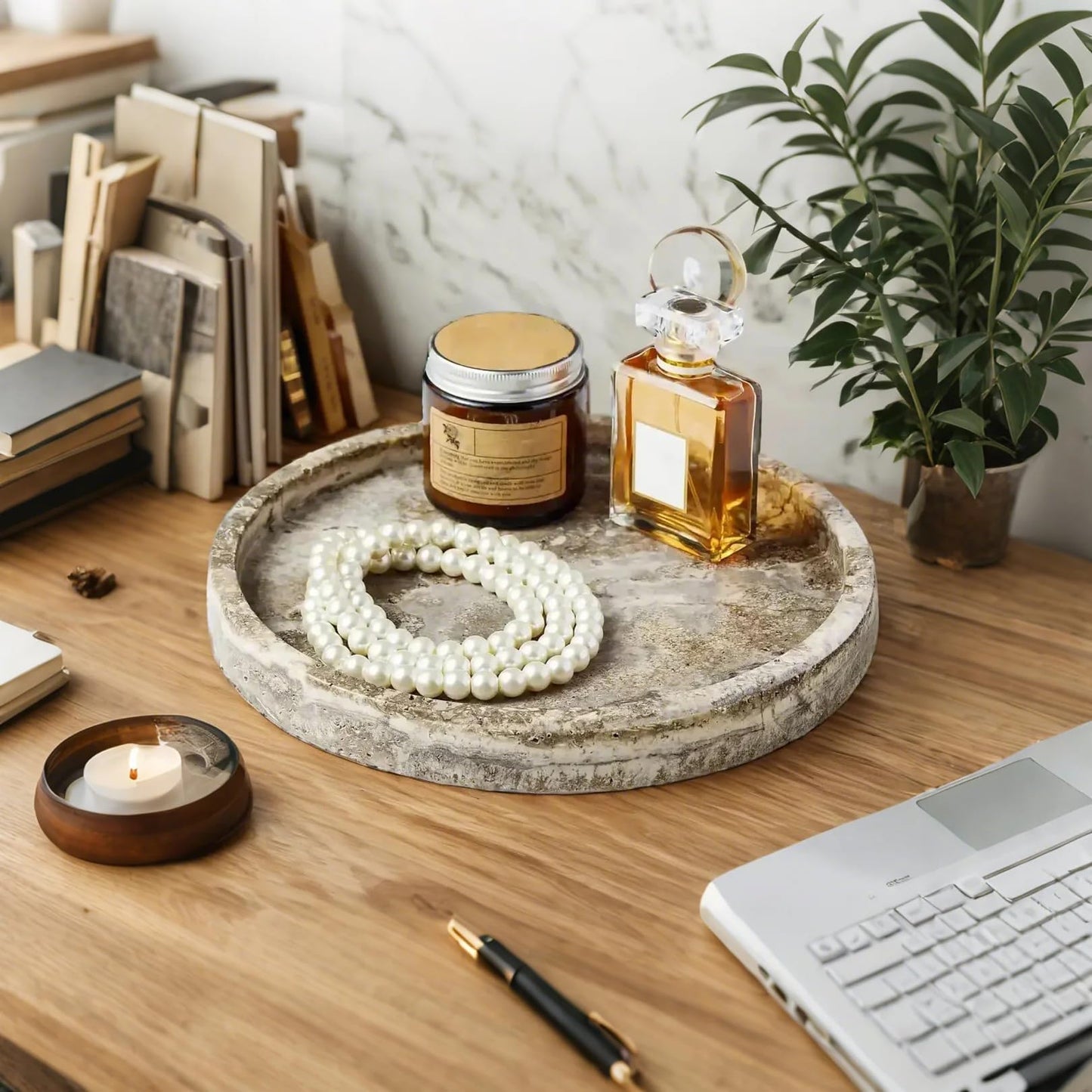 WORHE Round Marble Vanity Tray, Gray Travertine,Natural Marble Stone 24cm D