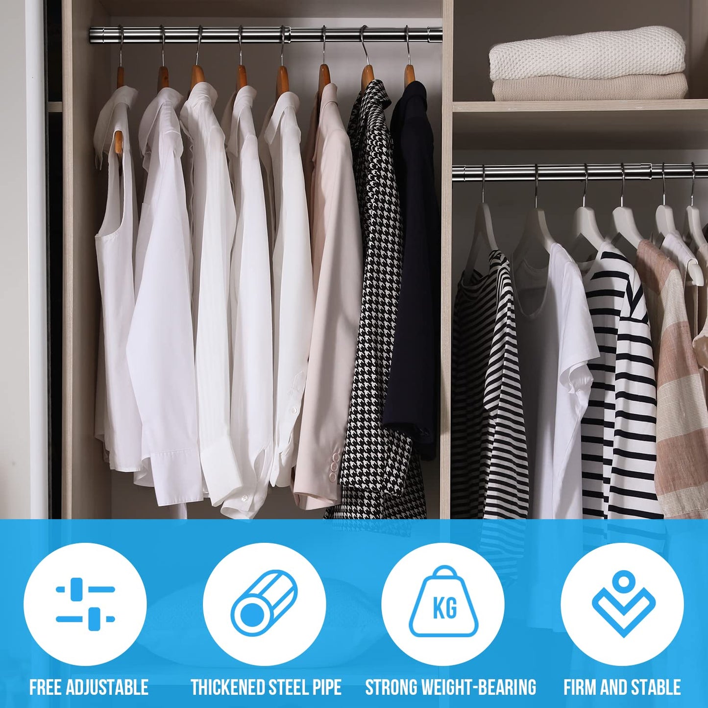 WAENLIR 87cm-160cm Extendable Stainless Steel Wardrobe Rail, Adjustable Clothes Rail Pole With End Sockets