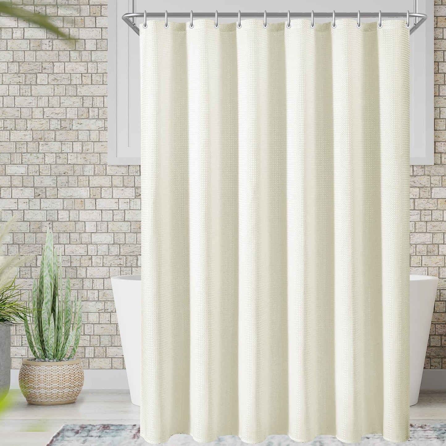 Lerores Shower Curtain, 180 x 200 cm, Waffle Beige, Weighted Hem, Anti-Mould Textile, Water-Repellent