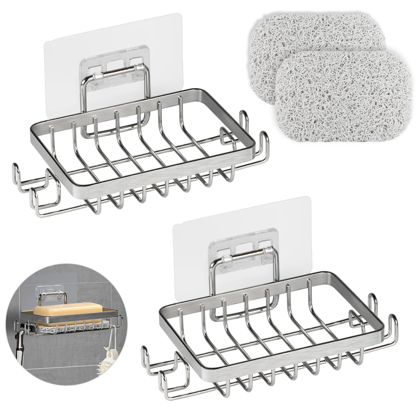 YoHyien 2 Pcs 304 Stainless Steel Wall Mounted Soap Holder, Self Adhesive Soap Dishes with Hooks & Soap Saver, Shower Soap Holder for Bathroom