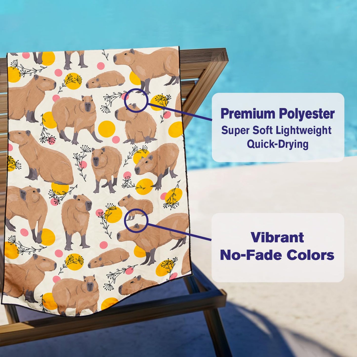 Violetpos Capybara Print Beach Towel, Extra Large 180x90 cm 250GSM Microfibre, Sand Free Quick Dry