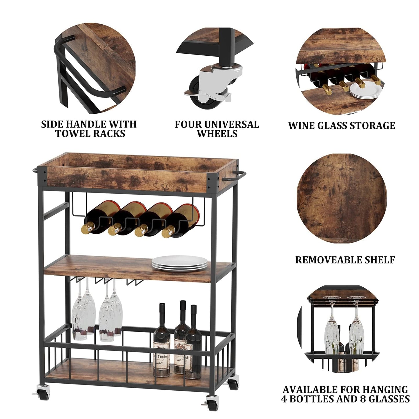 Huhote Serving Trolley, Kitchen Trolley, Bar Cart with Wheels, Wine Cart with Bottle Holder, 3 Tier Drinks Trolley for Living Room, Dining Room