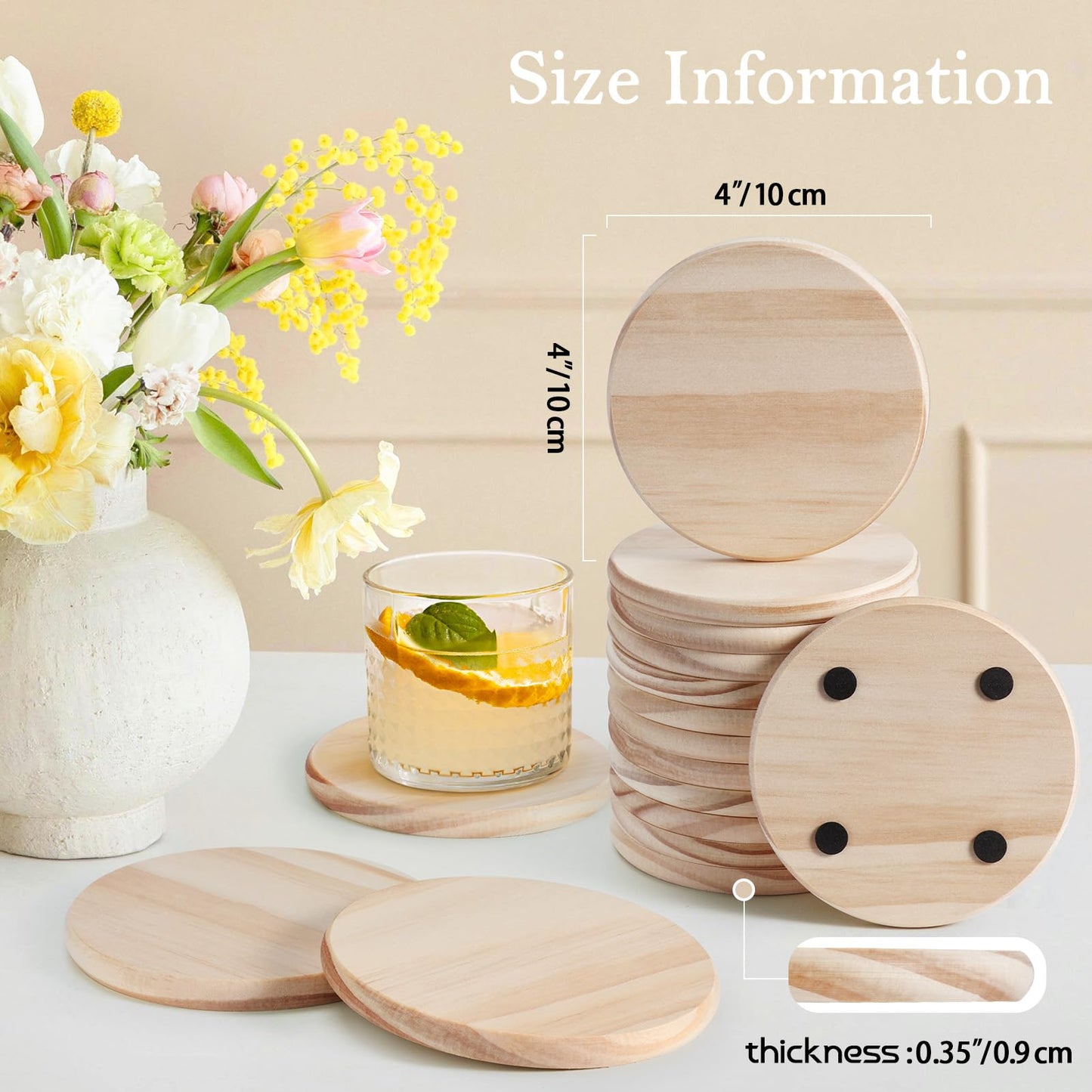 48 Pieces Unfinished Wood Coasters-Solid Wood Panel, GOH DODD 4 Inch Wooden Blanks with Foot Pads for Crafts Laser Engraving Wood Burning Staining