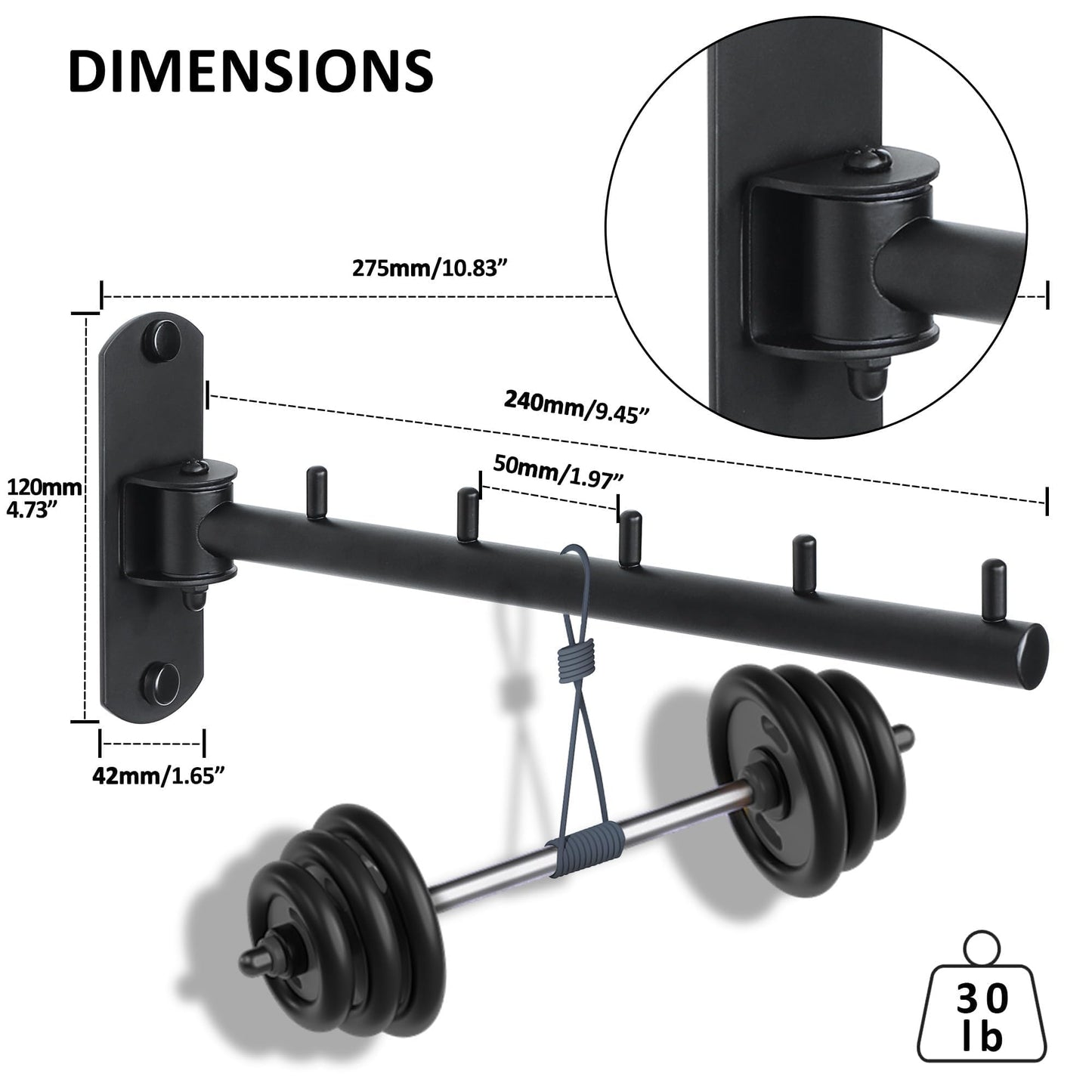 Mooche Clothes Rail Wall Mounted Black 2Pcs, Swivel Rail, 275MM