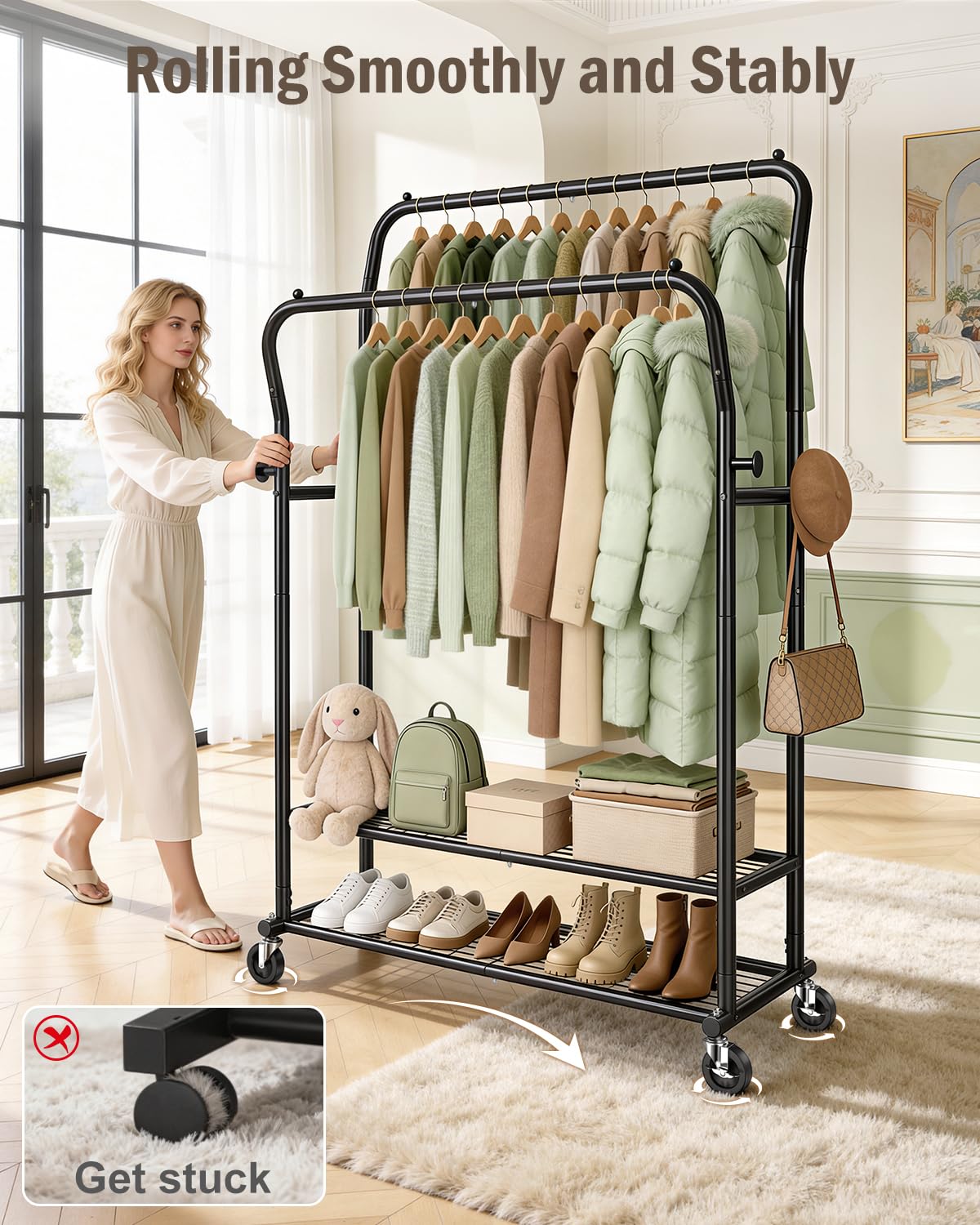 EAGMAK Heavy Duty Clothes Rail Load 378 kg, Double Rods Clothing Rails on Wheels, Height Adjustable Hanging Rack with Shelves & Coat Hooks