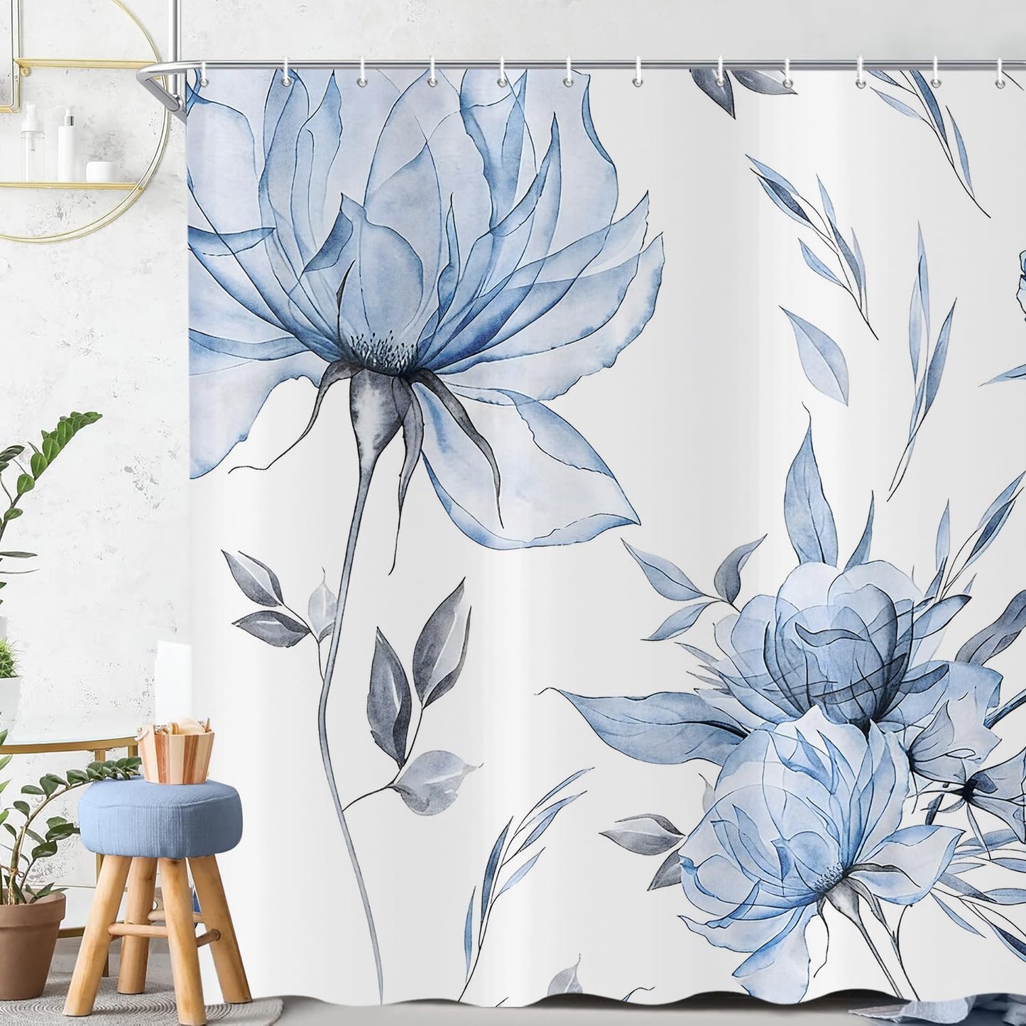 ASDCXZ Watercolor Floral Shower Curtain 180x200 cm, Ink Painting Style Blue Flowers Leaves Spring Plants Waterproof Bath Curtain Polyester Textile