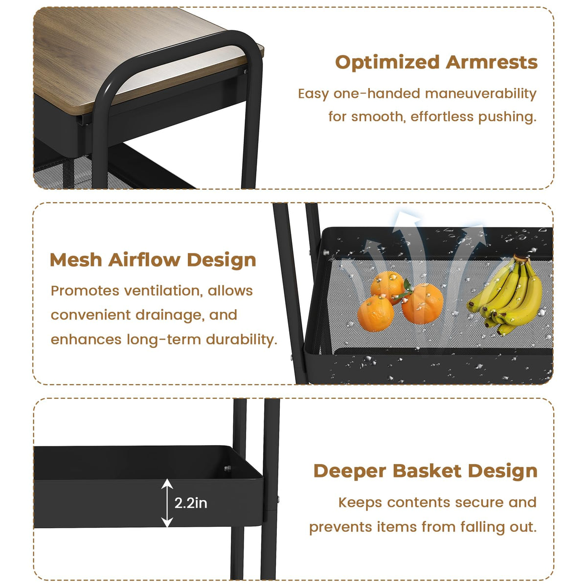 danpinera 3 Tier Rolling Cart, Metal Utility Cart with Wooden Table Top & Drawer, Rolling Carts, Storage Cart with Hanging Cups for Kitchen, Bathroom