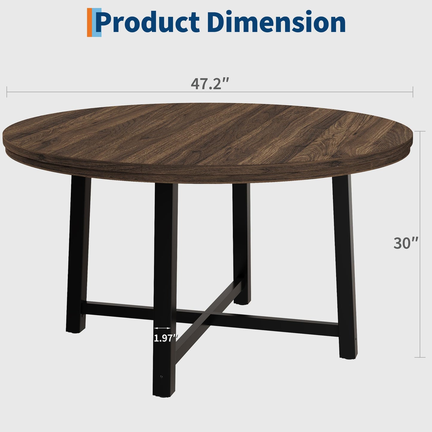 47 in Round Dining Table, Industrial Dinner Table for 4 to 6, Wooden Kitchen Table with Sturdy Metal Frame & Rustic Light Oak Finish