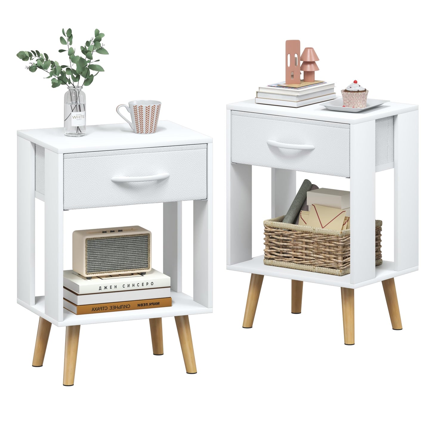 OYRREU White Bedside Table Set of 2 with Drawers & Open Shelf for Bedroom