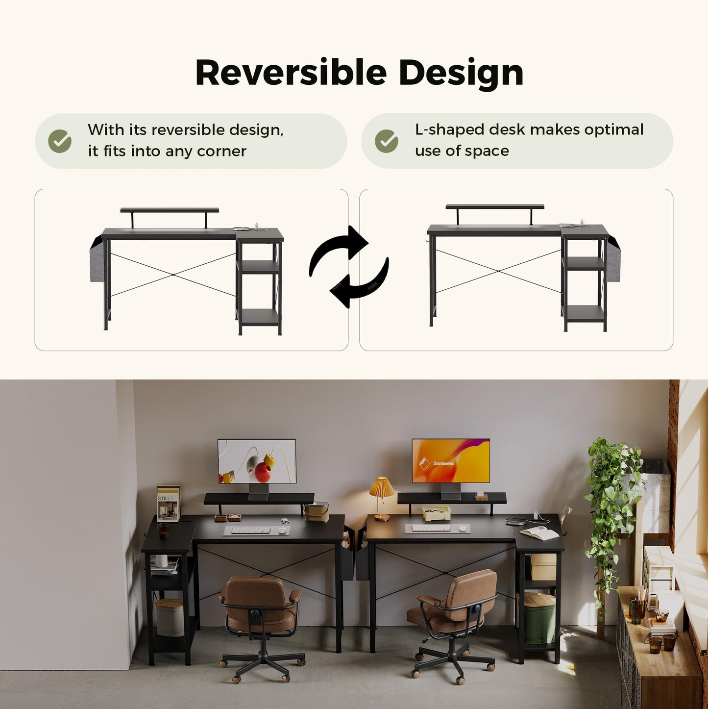 Mericonia Corner Desk, w. Monitorstand & Built-in Socket, 100x70cm, Black