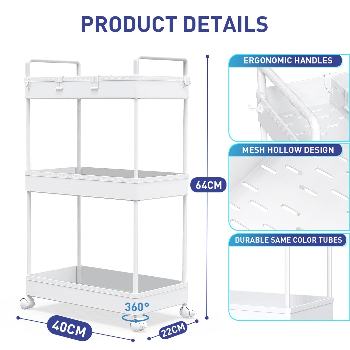 Ronlap Slim Storage Trolley, 3 Tier Rolling Cart Storage Organizer, White
