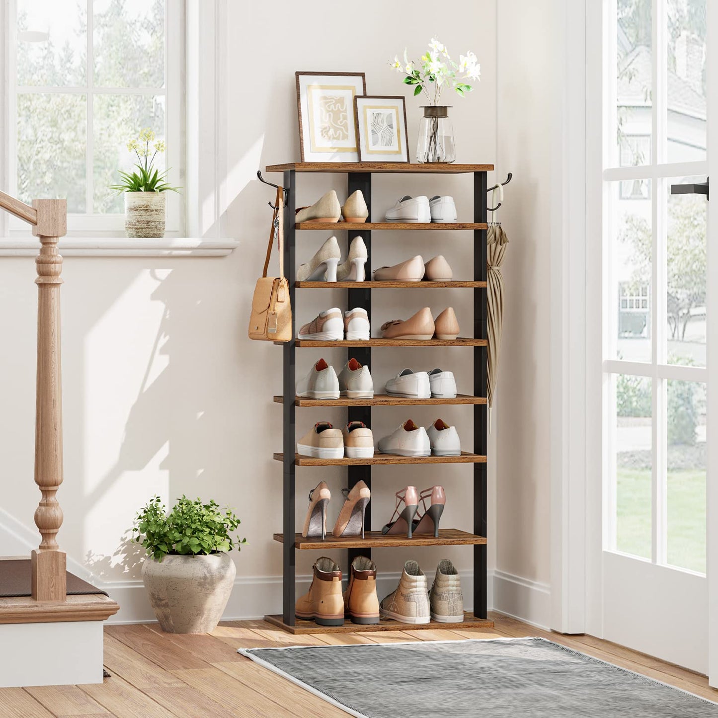HOOBRO Shoe Rack Wooden, Tall Shoe Rack, Narrow Shoe Storage Organizer with 2 Hooks, Slim Narrow Shelf, Vertical Tower for Entrance, Living Room