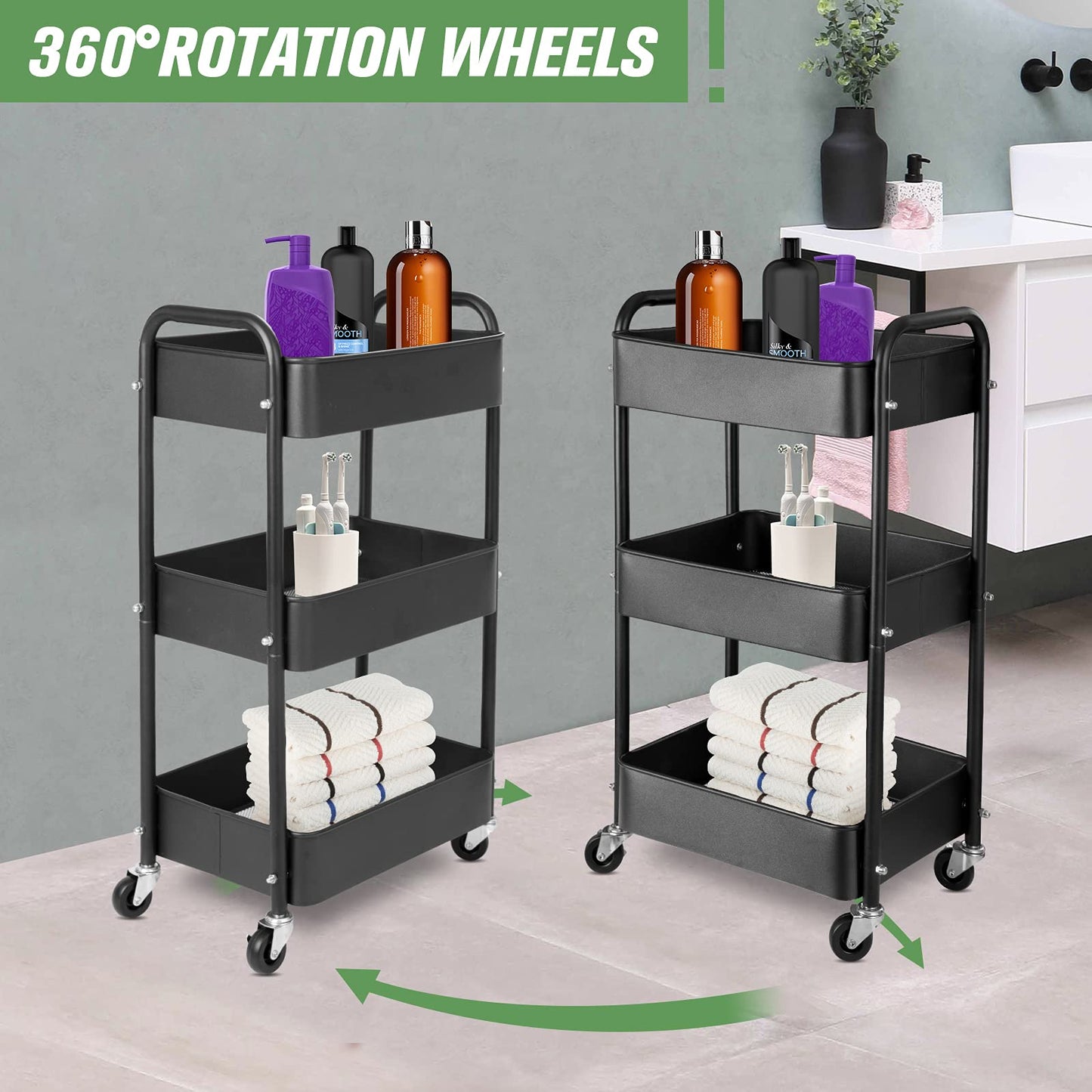 3-Tier Metal Storage Organizer Rolling Utility Trolley Cart - Home Kitchen Bathroom Bedroom Office Classroom Laundry Cleaning Supplies Bar Craft