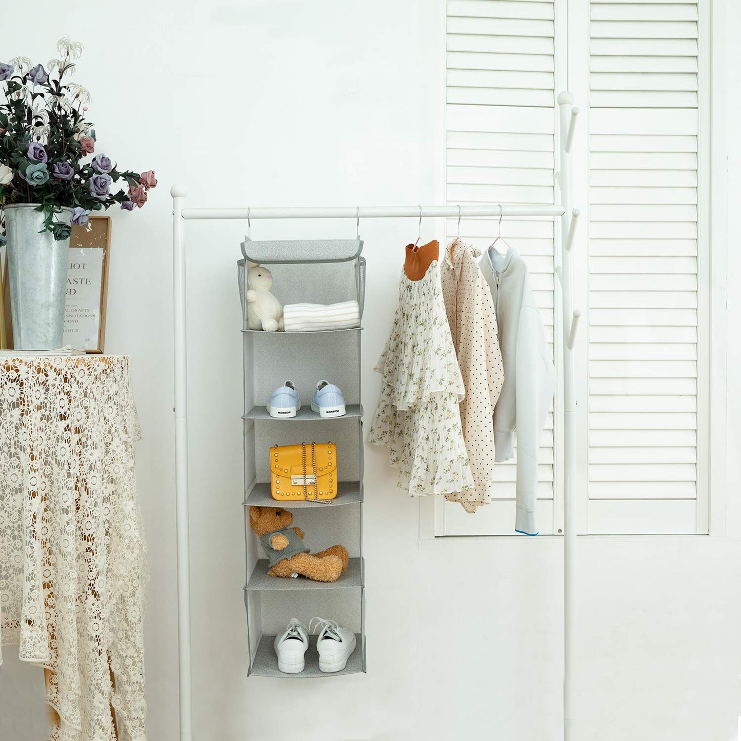 BrilliantJo Hanging Wardrobe Closet Storage with 5 Shelves Organiser, Storage Shelves Unit with 6 Pockets for Clothes - Light Grey(30 x 30 x 108cm)