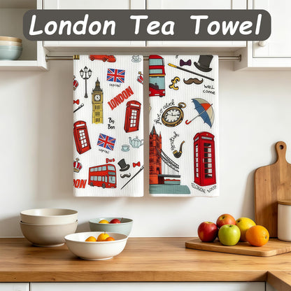 Nodrex 2 Pcs London Tea Towel Set, Soft Microfiber London Tea Towels, British Themed Tea Towels for Kitchen and Home, London Souvenir Tea Towels Gift