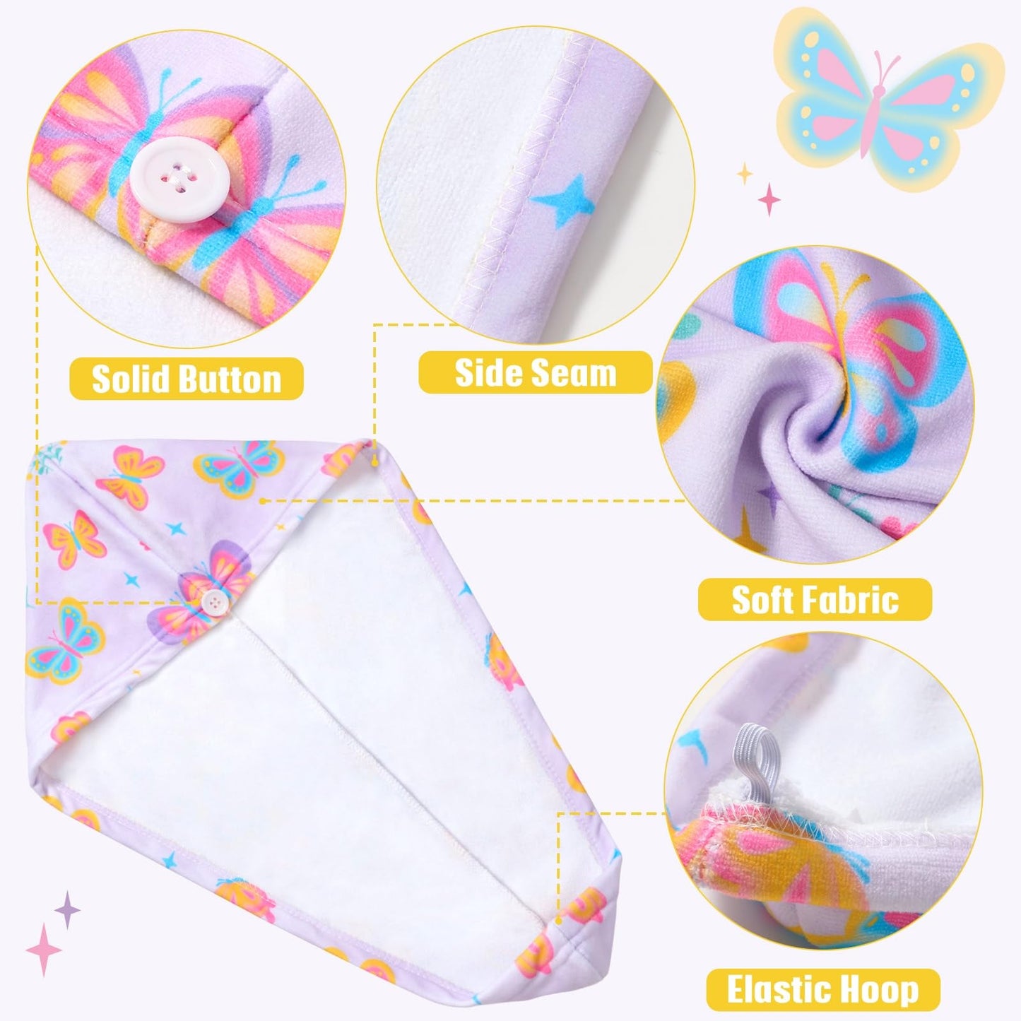 WAWSAM 2 Pack Kids Hair Towel Wrap for Girls, Microfibre Hair Turban Towel Fast Drying, Butterfly Hair Towel Wrap with Elastic Strap for Long Hair