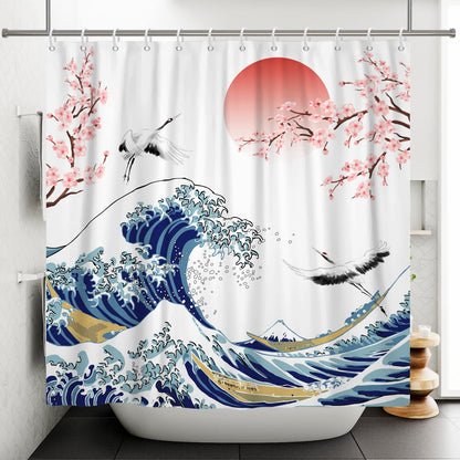 SDOTPMT 180x243cm Wave Shower Curtain Asian Cherry Blossom Ink Painting Bath Curtain Soaring Wild Goose Landscape Painting Bath Curtain for Bathroom
