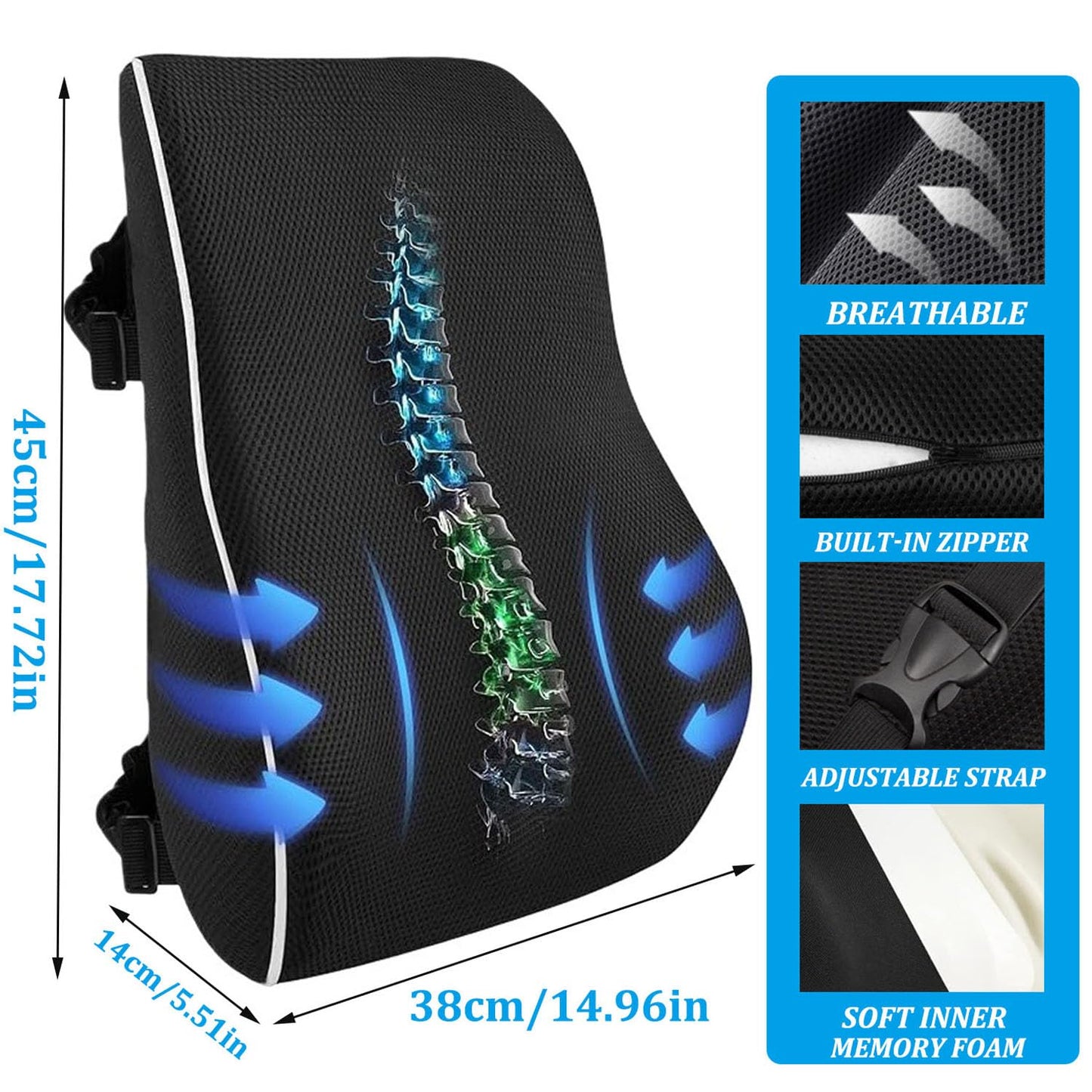 Menmamenma Lumbar Support Pillow for Office Chair Car Memory Foam Back Cushion Large Back Support Pillow for Computer, Gaming Chair