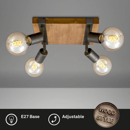 BRILONER - Vintage Ceiling Light Rotatable, 4X E27 Socket, max. 25W, Retro, Wooden Base, spot Lights Ceiling, 4 spot Lights, Ceiling Lights Living