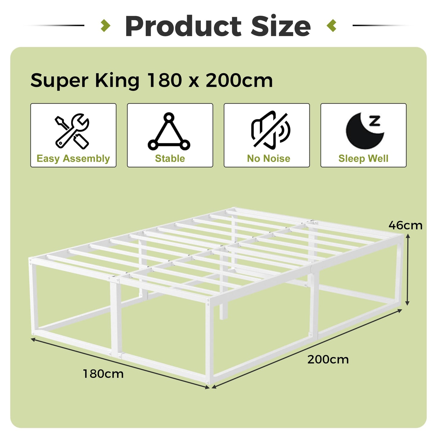 EMODA Super King Bed Frame 180x200 cm with Sturdy Slats Support, White