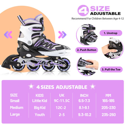 2pm Sports Adjustable Light up Inline Skates, Stylish Design Beginner Roller Skates for Boys and Girls - Purple Large