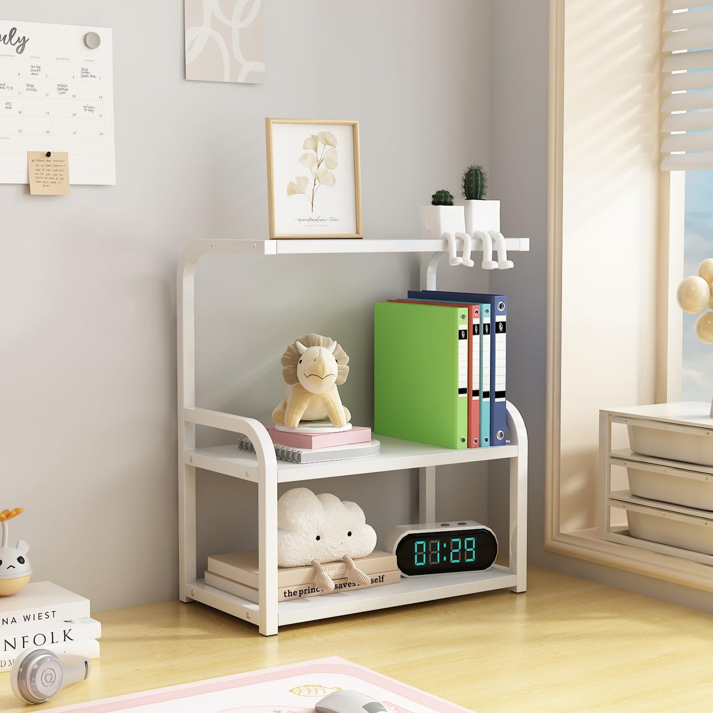 Numjeg 3-Tier Bookcase Desktop Wood White Metal Rack Bookshelf Supplies Bedroom Shelf Organizer Shelf for Top of Desk and Dresser Dining Room Furnitu